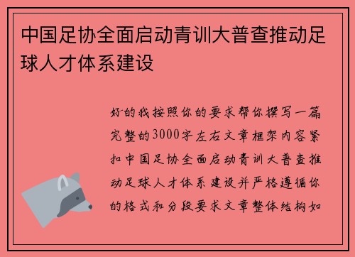 中国足协全面启动青训大普查推动足球人才体系建设