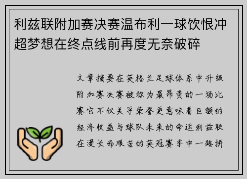 利兹联附加赛决赛温布利一球饮恨冲超梦想在终点线前再度无奈破碎