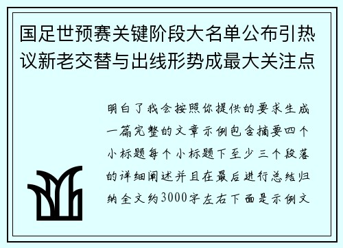 国足世预赛关键阶段大名单公布引热议新老交替与出线形势成最大关注点